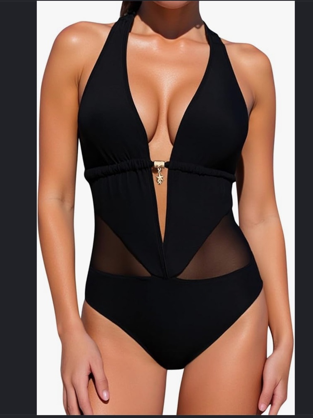 NWT- Cupshe Black Halter V-Neck One-Piece Swimsuit